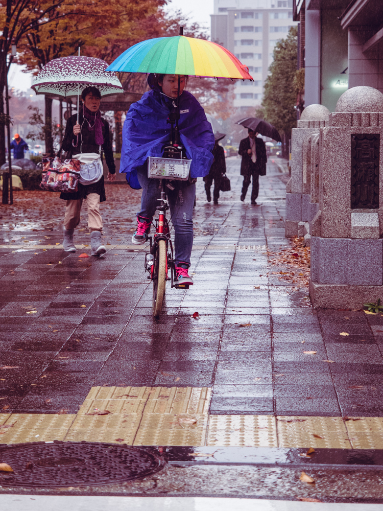 Woman on Bike with Umbrella